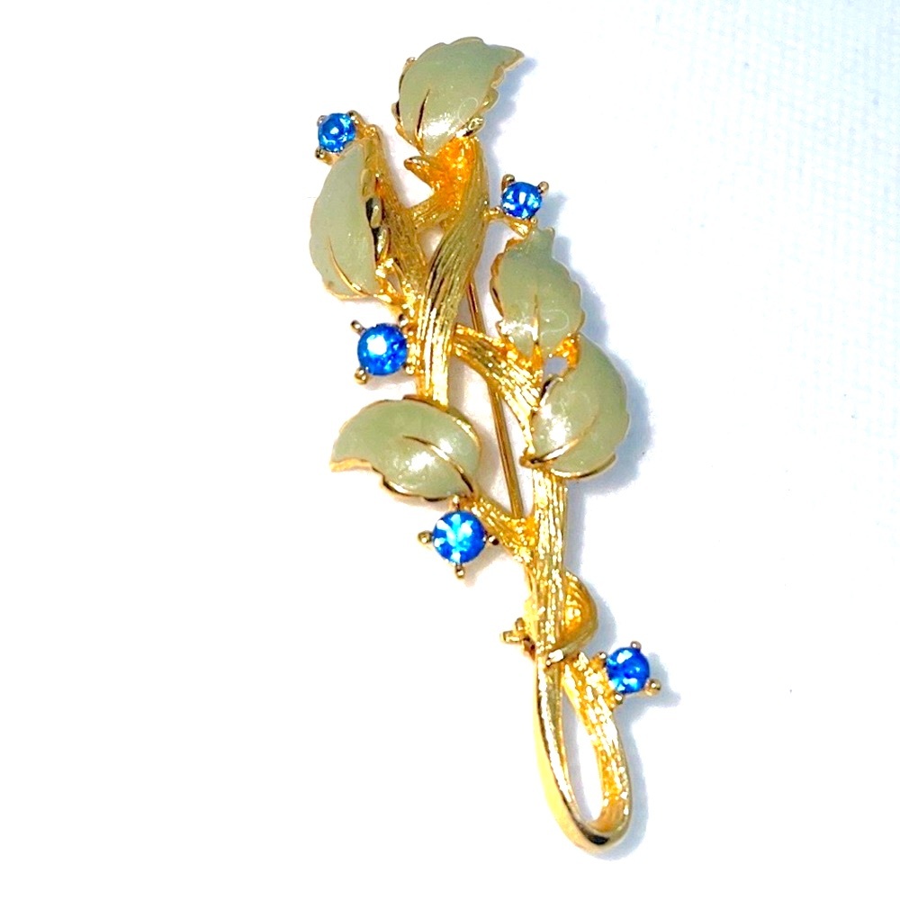Vintage LIA Gold-tone Green Enamel Leaves Blue Rhinestones Brooch / Pin - Picture 1 of 8